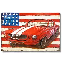 Arte de metal 3D, imagen, decoración de pared coche deportivo rojo y bandera de EE. UU., dimensiones 120 x 80 cm