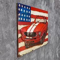 Arte de metal 3D, imagen, decoración de pared coche deportivo rojo y bandera de EE. UU., dimensiones 120 x 80 cm