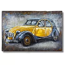 Arte de metal 3D, cuadro, decoración de pared coche pequeño en tonos amarillos y azules, dimensiones 120 x 80 cm