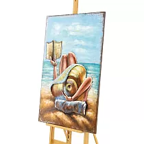 Cuadro 3D sobre metal, niña en la playa con libro, 120x80 cm