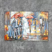 3D metalliseinäteos Ihmiset sateessa, mitat 80x120 cm