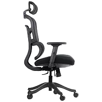 Ergonomická kancelárska stolička s čiernou nylonovou základňou, operadlo čalúnené sieťovinou, bedrová opierka