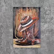 3D väggkonst gjord av stål, rustik västerländsk väggdekor med cowboyhatt, stövlar och rep, höjd 90 cm, bredd 60 cm