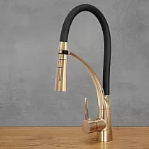 Stainless steel kitchen faucet with 360 degree rotatable spout, height 43 cm, spout length 17 cm, color black with rose gold