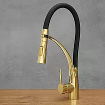 Grifo de cocina giratorio 360 grados de acero inoxidable, altura 43 cm, longitud del caño 17 cm, color negro y oro antiguo