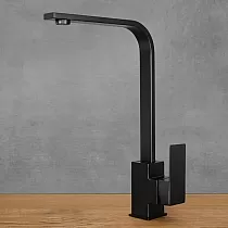 Moderne matzwarte vierkante roestvrijstalen keukenkraan, minimalistisch geometrisch design, hoogte 35,2 cm, uitlooplengte 19,5 cm