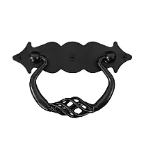 Dekoréiert Miwwelen Pullhandtak aus Goss, schwaarz Faarf, Héicht 7,5 cm, Breet 11,5 cm, Gewiicht 100 Gramm, Set vu 6 Stéck.