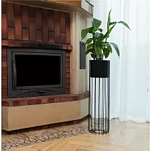 Metal designed flower pot made of steel rods black color and plastic basket black color, width 20 cm, height 46 cm