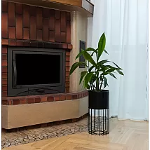Metal designed flower pot made of black steel rods and plastic basket black color width 20 cm, height 42 cm
