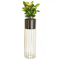 Metall-Blumentopf aus Stäben in goldener Farbe und Kunststoffkorb in schwarzer Farbe, Breite 20 cm, Höhe 70 cm