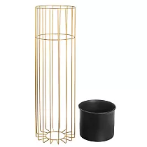 Vaso da fiori di design in metallo composto da aste colore dorato e cestino in plastica colore nero, larghezza 20 cm, altezza 70 cm