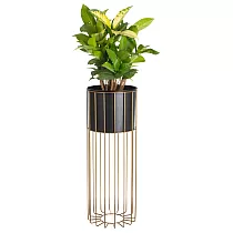 Metal designed flower pot made of rods golden color and black color bucket, width 20 cm height 55 cm
