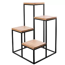 Suporte para plantas em metal e madeira de carvalho com quatro níveis, altura 68 cm, dimensões da base no solo 40 cm x 40 cm