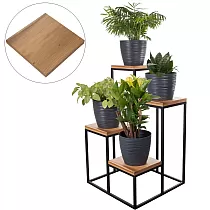 Plantställning i fyrvåningar i metall och ek, höjd 68 cm, bottenmått 40 cm x 40 cm