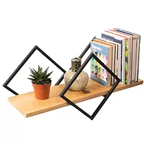 Decoratieve wandplank, ruitachtig zwart stalen frame met eikenhouten plank, lengte 65 cm, diepte 20 cm