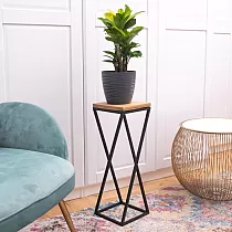 Blomsterstativ med zigzag metalramme og ægte egetræsplade, sort eller hvid farve, tilgængelige højder 50 cm, 60 cm eller 70 cm
