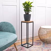 Soporte para plantas cuadrado en diferentes alturas 50 cm, 60 cm o 70 cm, mesa auxiliar blanca o negra con tapa de roble