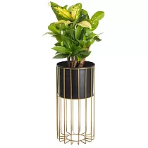 Metal entworf Blummepott aus Stahlstäben gëllen Faarf a Plastikskuerf schwaarz Faarf, Breet 20 cm, Héicht 46 cm