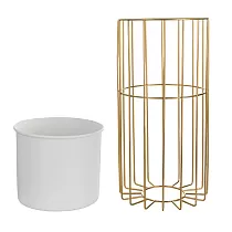 Metal entworf Blummendëppe aus Stahlstäben gëllen Faarf a Plastikskuerf wäiss Faarf, Breet 20 cm, Héicht 46 cm