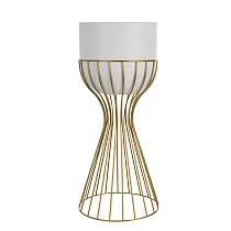 Vaso da fiori dal design in metallo realizzato con tondini di acciaio colore dorato e cestino in plastica colore bianco, larghezza 20 cm, altezza 46 cm
