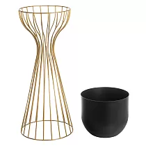 Metal designed flower pot made of steel rods golden color and plastic basket black color, width 20 cm, height 55 cm