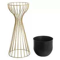 Metāla dizaina puķu pods no tērauda stieņiem zeltainā krāsā un plastmasas groza melnā krāsā, platums 20 cm, augstums 55 cm