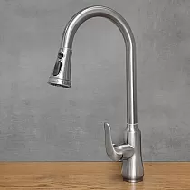 Baterie de bucătărie din oțel inoxidabil cu gura de scurgere, înălțime 46 cm, lungime gura 17,5 cm, culoare gri oțel