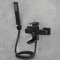 Väggmonterad badkarsblandare i modernt utseende med duschlur, höjd 15 cm, bredd 20 cm, färg svart, finish borstad