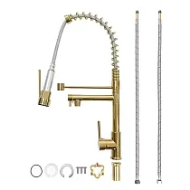 Grifo de cocina de dos caños fabricado en latón color oro antiguo, aspecto industrial, caño giratorio de caudal constante y caño extraíble con chorro de ducha, altura total 54 cm