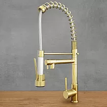 Grifo de cocina de dos caños fabricado en latón color oro antiguo, aspecto industrial, caño giratorio de caudal constante y caño extraíble con chorro de ducha, altura total 54 cm