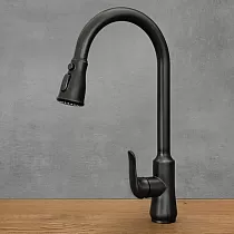 Nerūsējošā tērauda jaucējkrāns ar izvelkamu snīpi melnā krāsā, augstums 46 cm, snīpja garums 17,5 cm