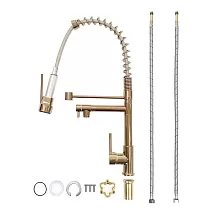 Baterie de bucatarie cu doua gura din alama auriu roz, aspect industrial, gura rotativa cu debit constant si gura extrabila cu jet de dus, inaltime totala 54 cm