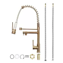 Two spouts kitchen faucet made from brass in Rose gold, industrial-look, rotating spout with constant flow and pull-out spout with a shower jet, total height 54 cm