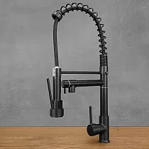 Grifo de cocina moderno de interior de latón en color negro con dos caños giratorios, altura 54 cm, caño extraíble con chorro de agua de ducha.