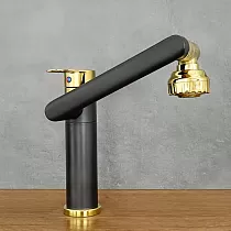360 graders roterende køkkenhane lavet af rustfrit stål, højde 20,5 cm, tudlængde 20 cm, farve sort og guld, poleret, mat