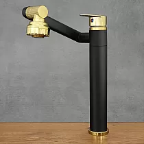 360 graders roterende køkkenhane lavet af rustfrit stål, højde 30,5 cm, tudlængde 20 cm, farve sort og guld, mat, blank