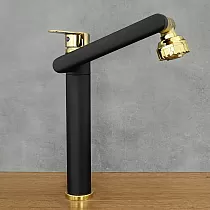 360 graders roterende køkkenhane lavet af rustfrit stål, højde 30,5 cm, tudlængde 20 cm, farve sort og guld, mat, blank