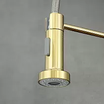 Industriestil Kichenkran aus Messing mat 360 Grad rotéierbaren Auslaaf, Héicht 47 cm, Auslaaflängt 18 cm, antik Gold, poléiert
