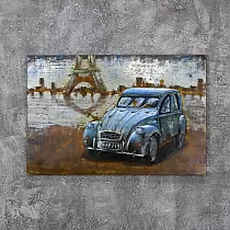 Cuadro metálico 3D antiguo coche azul pequeño, 120x80cm