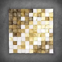 Oeuvre 3D, peinture métal, mosaïque bois, 75x75 cm