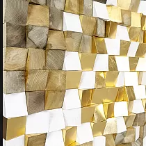 Oeuvre 3D, peinture métal, mosaïque bois, 75x75 cm