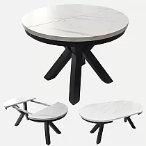 Masa de sufragerie rotunda compacta extensibila, 3 dimensiuni intr-o masa, diametru 100 cm, lungime masa extinsa 138 cm si 176 cm, blat laminat culori negru, alb, stejar, marmura, beton