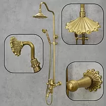 Juego de ducha de latón de estilo retro con detalles florales, sistema de ducha de 3 funciones que incluye ducha tipo lluvia, ducha de mano y grifo de bañera.