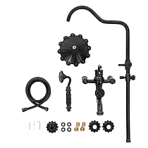 Brass shower set in retro style with flower accents, black colour, 3-function shower system includes rainfall shower, handheld shower and bath tap