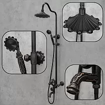 Žalvarinis retro stiliaus dušo komplektas su gėlių akcentais, juoda spalva, 3 funkcijų dušo sistema apima lietaus dušą, rankinį dušą ir vonios čiaupą