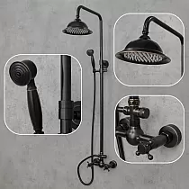 Messing-Duschsystem im Retro-Stil in schwarzer Farbe, mit Regendusche und Handbrause, Gesamthöhe 130 cm