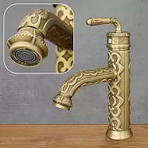 Çiçek desenli dekoratif pirinç lavabo bataryası, antika pirinç rengi, yükseklik 23,5 cm, çıkış ucu uzunluğu 10 cm