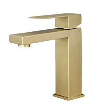 Baterie de chiuveta din inox in stil modern, inaltime 17,5 cm, proiectie 15,5 cm, lungime gura 11,5 cm, cu aerator, culoare galbena