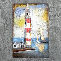 Arte en metal 3D Velero en el mar y faro, dimensiones 120x80 cm