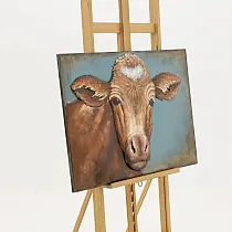 Décor 3D en métal, une vache marron avec un coeur sur le front sur fond bleu, orientation horizontale, dimensions 90x60cm